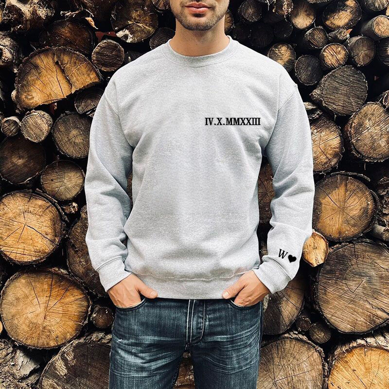 Personalized Sweatshirt Embroidered Lateral Roman Numeral Date and Initial Great Gift for Anniversary