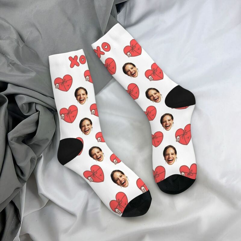 Personalized Face Socks with Heart Gift Box Pattern as a Gift for Wife