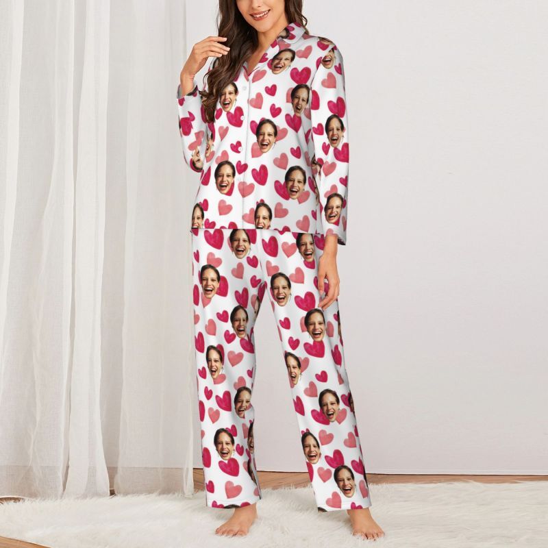 Personalized Pajamas Custom Photo Pink Love Heart Style Design Vibrant Cute Gift for Her Family