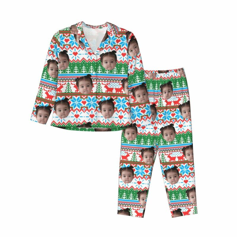 Personalized Pajamas Custom Photo Christmas Elements Bright Pixel Style Pattern Design Gift for Family