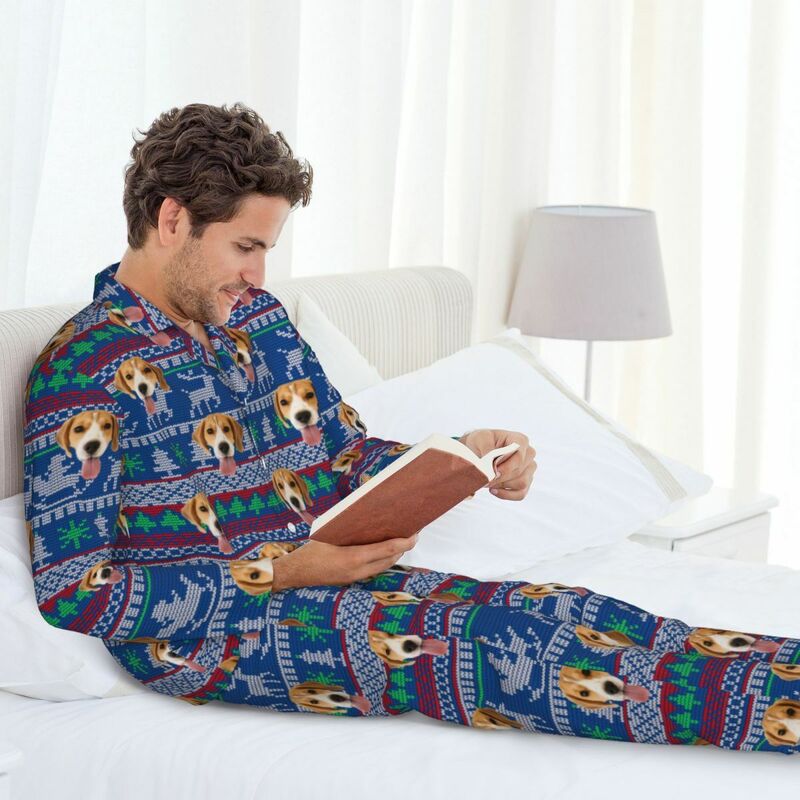 Personalized Pajamas Custom Photo Santa Claus Reindeer Pattern Design Christmas Gift for Him