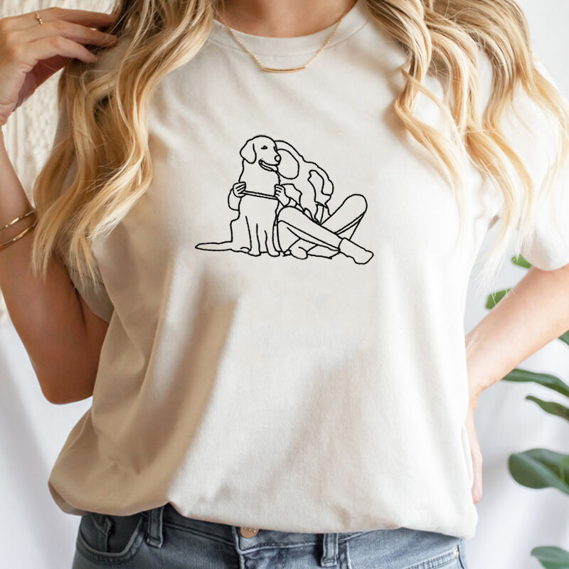 Personalized T-shirt Custom Embroidered Photo Line Drawing of Pet and People Adorable Gift for Pet Lover