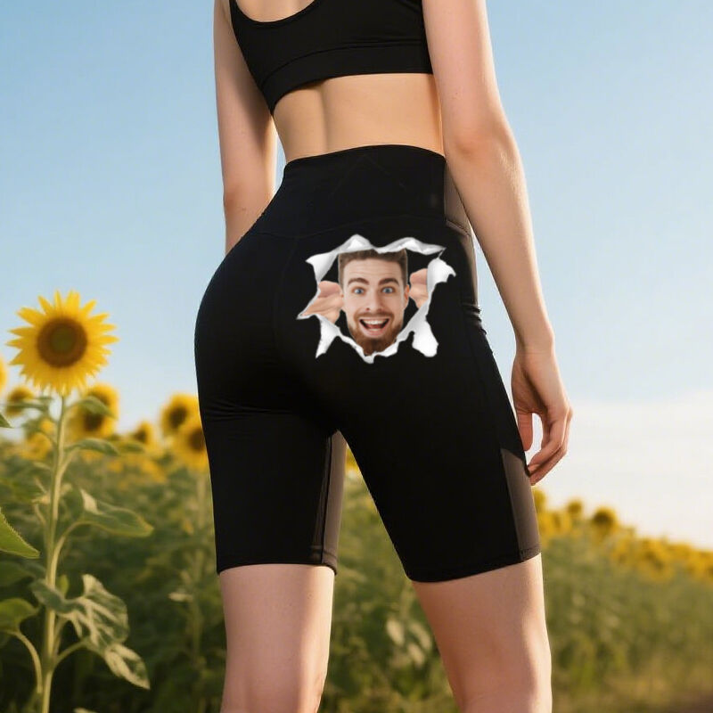 Personalized Biker Leggings Custom Head Photo Fun Crack Pattern Design Creative Gift for Her Lovers