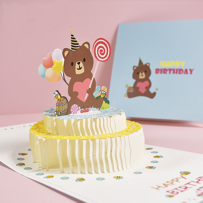 3D Love Bear Cake Pop Up Card with Happy Birthday Music for Loved One