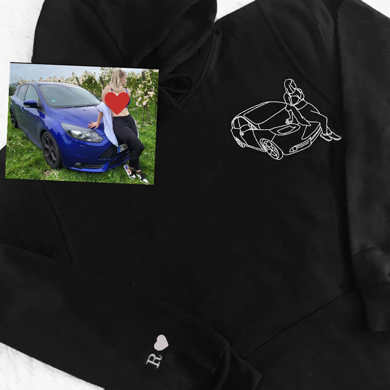 Personalized Hoodie Custom Embroidered Car Photo Line Drawing Design Cool Gift for Car Loving Friend