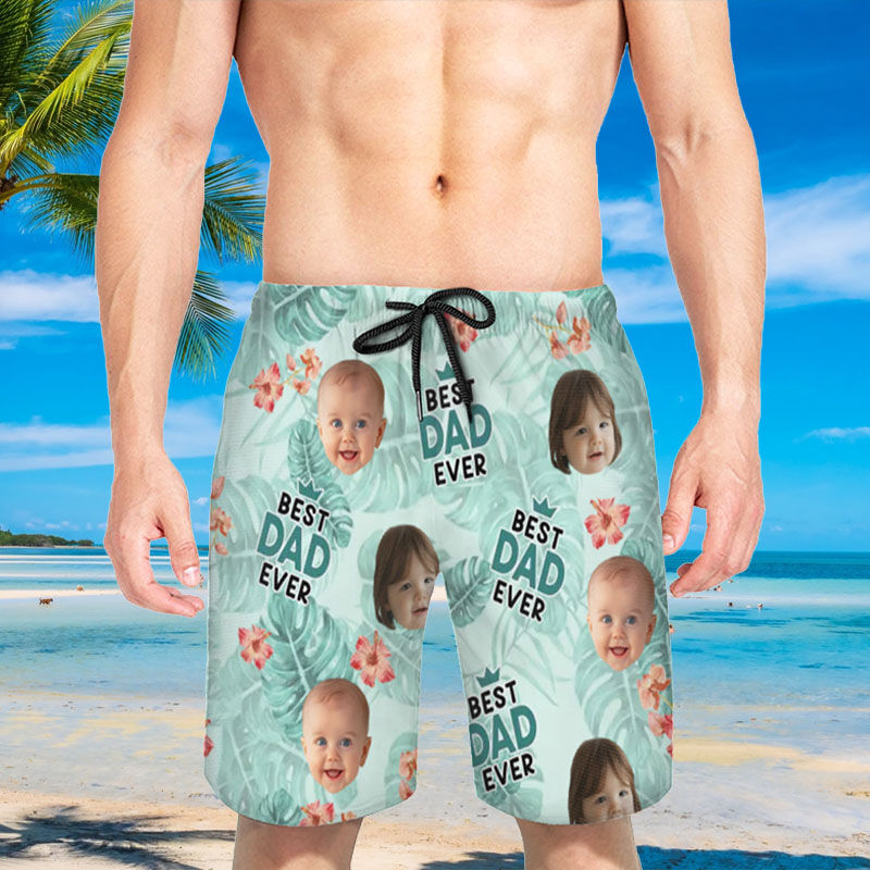 Personalized Picture Men's Beach Shorts with Red Flower Pattern Beautiful Gift for Father