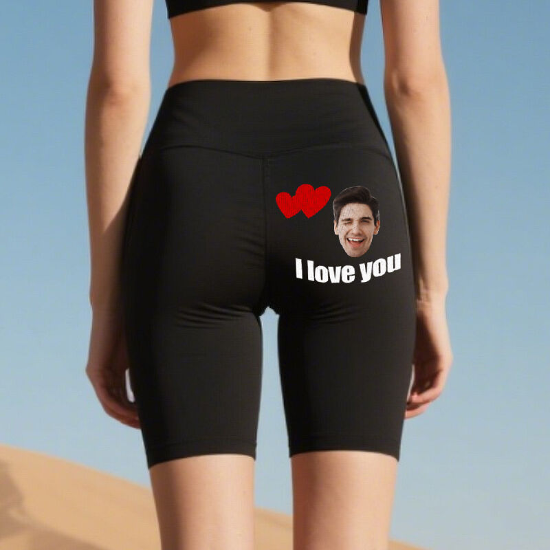 Personalized Biker Leggings I Love You Custom Photo Heart Design Perfect Couple Gift for Her