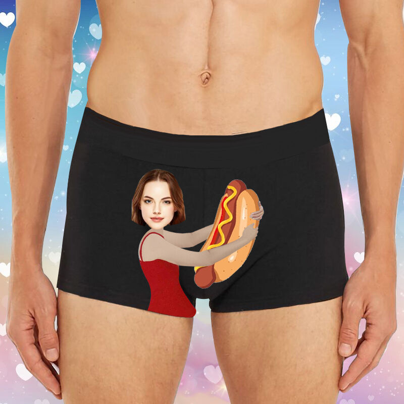 Personalized Picture Men's Underwear Boxer Briefs with Hot Dog Pattern Interesting Gift for Husband