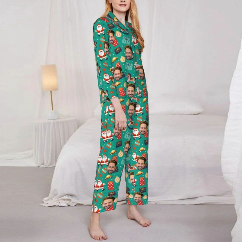 Personalized Pajamas Custom Photo Santa Claus Hobbyhorse Cute Pattern Design Gift for Family