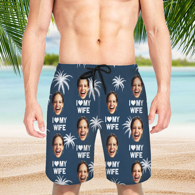 Personalized Picture Men's Beach Shorts with Tree Pattern Precious Gift for Husband