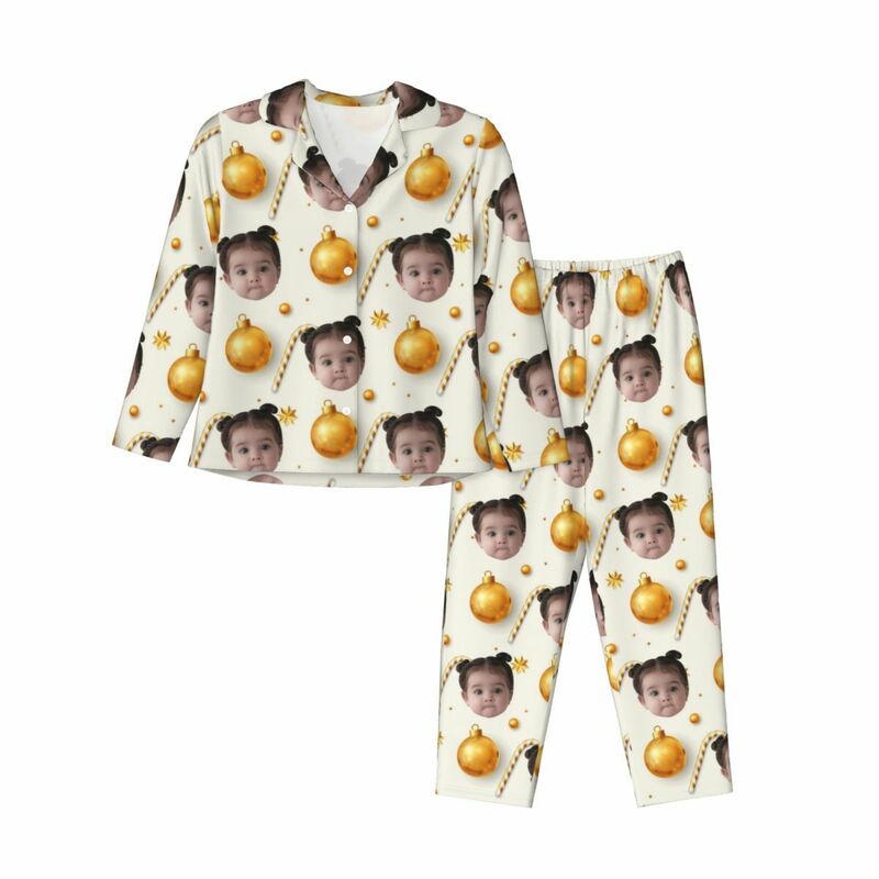 Personalized Pajamas Custom Kid Photo Christmas Bell Candy Golden Style Pattern Design Gift for Her