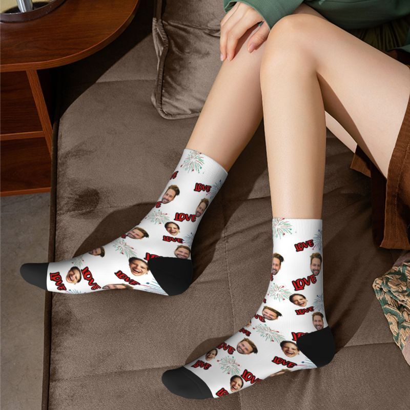Customized Face Socks with Love Text for Anniversary Gifts for Couples
