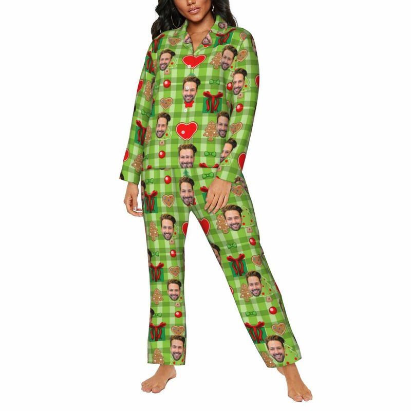 Personalized Pajamas Custom Photo Christmas Element Icons Green Style Pattern Design Gift for Family