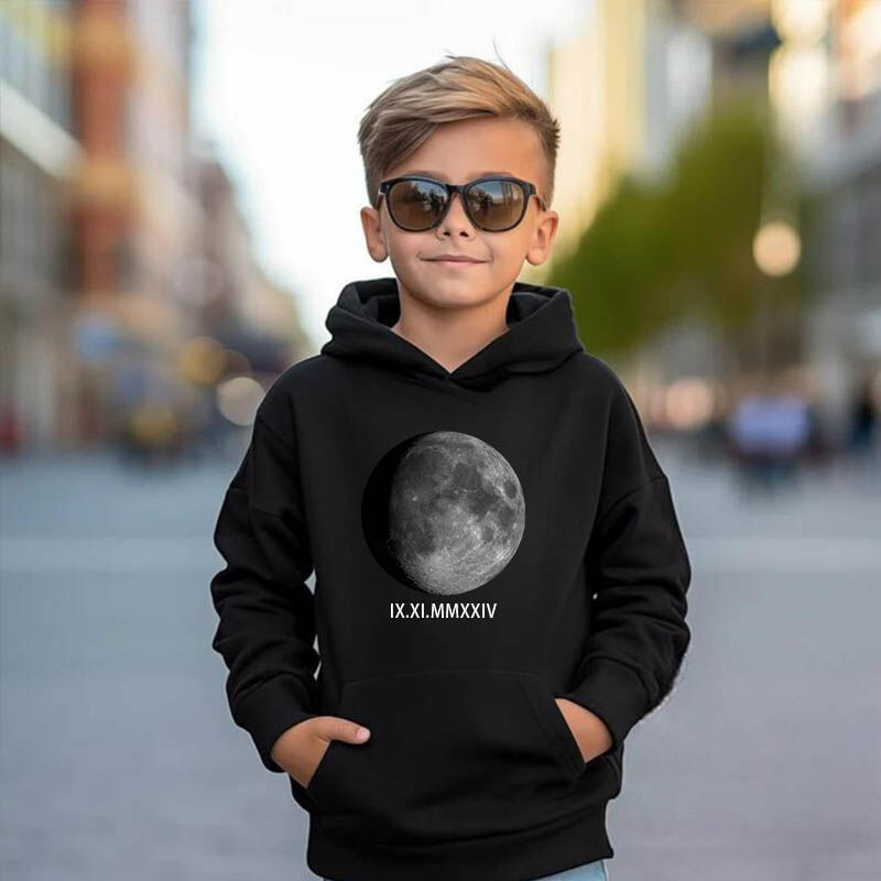 Personalized Kids Hoodie Customized Moon Phase Photo And Roman Numerals Memorial Gift For Children