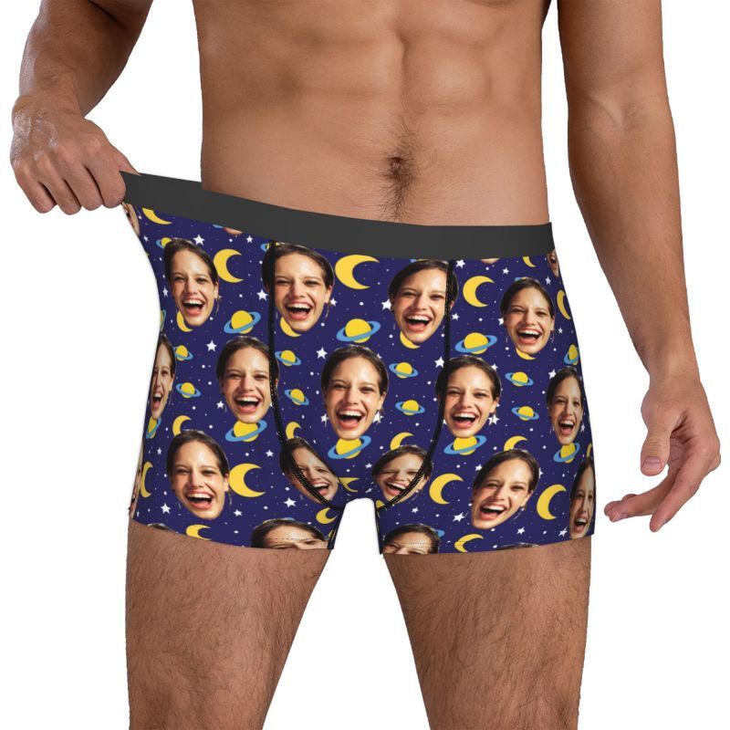 Personalized Photo Men's Underwear Boxer Briefs with Moon Pattern Best Gift for Boy Friend