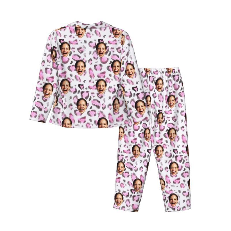 Personalized Pajamas Custom Photo Pinkish Purple Leopard Print Design Exquisite Gift for Her