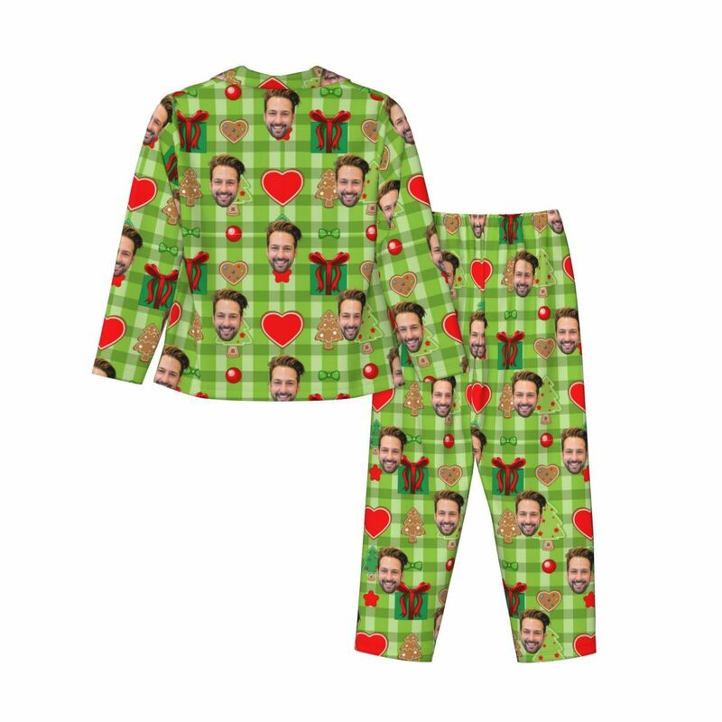 Personalized Pajamas Custom Photo Christmas Element Icons Green Style Pattern Design Gift for Family
