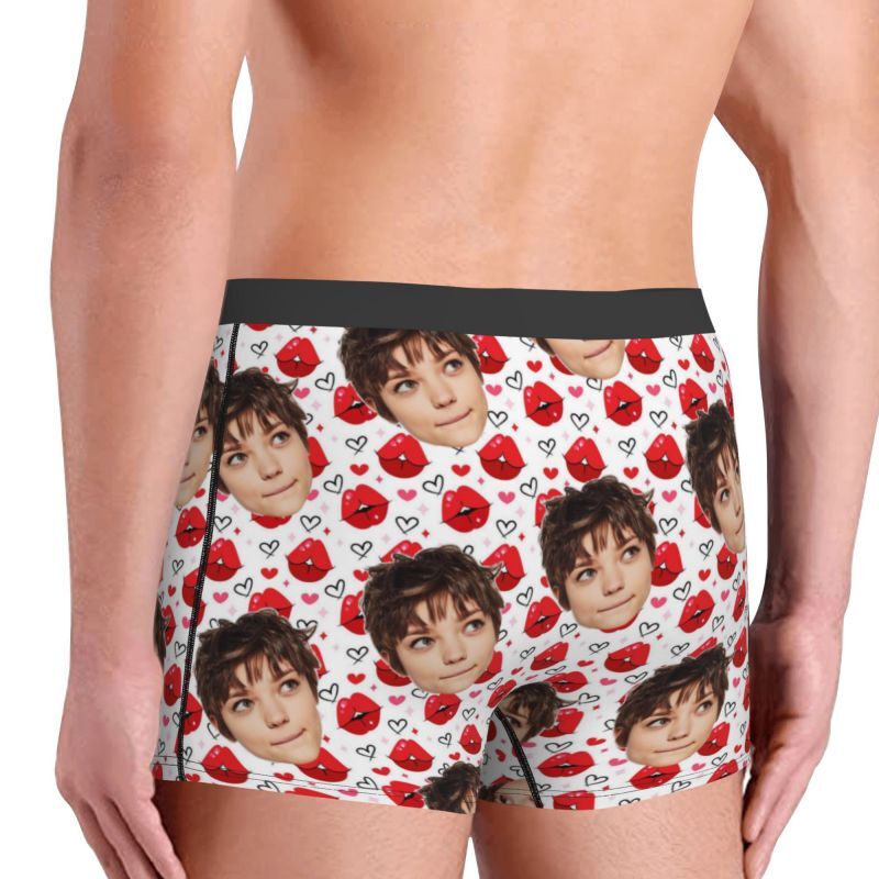 Personalized Photo Men's Underwear Boxer Briefs with Red Mouth Pattern Sweet Gift for Boy Friend