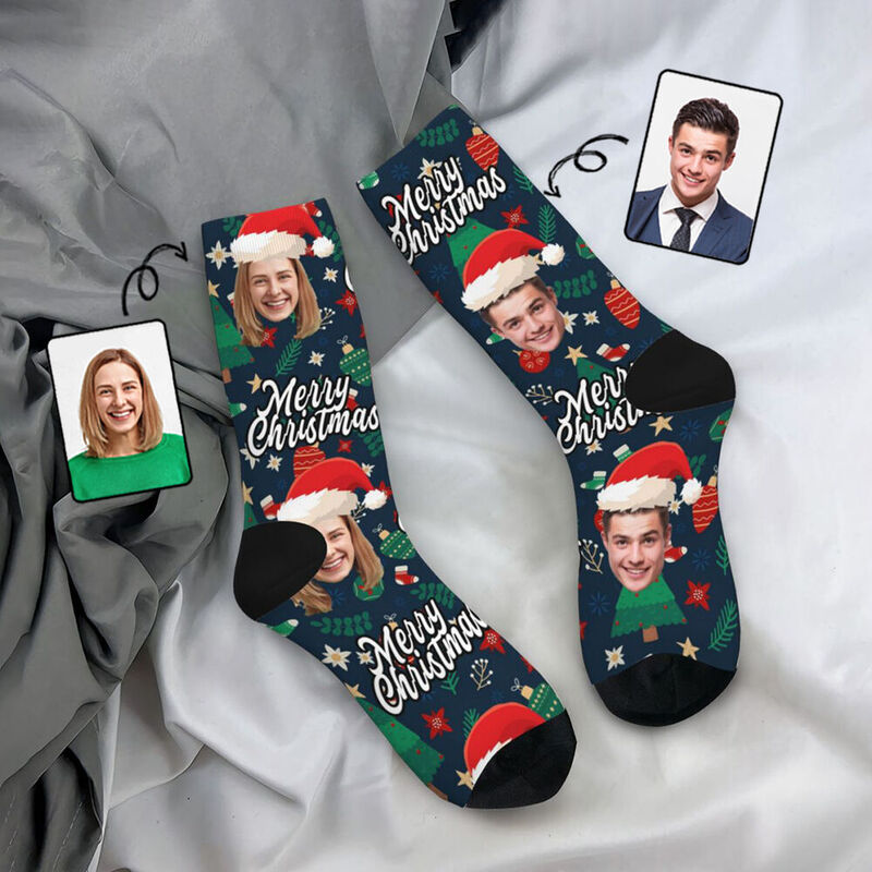 Personalized Face Socks with Santa Hat and Decorative Pattern for Christmas