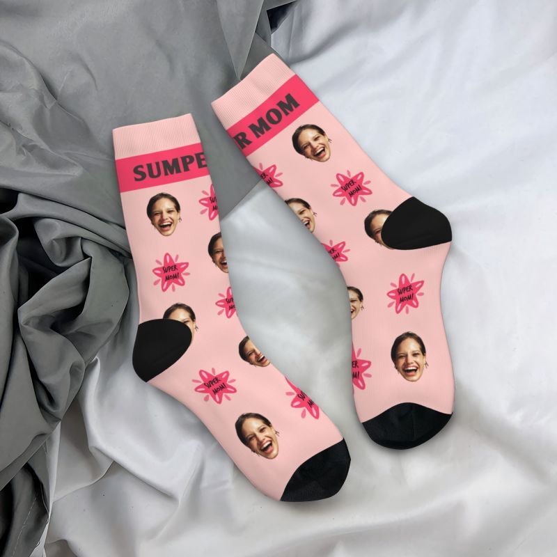 "Super Mom"Custom Face Add Photos Socks for Mother's Day