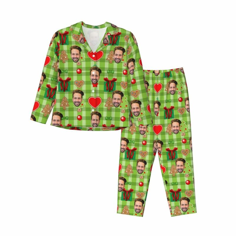 Personalized Pajamas Custom Photo Christmas Element Icons Green Style Pattern Design Gift for Family