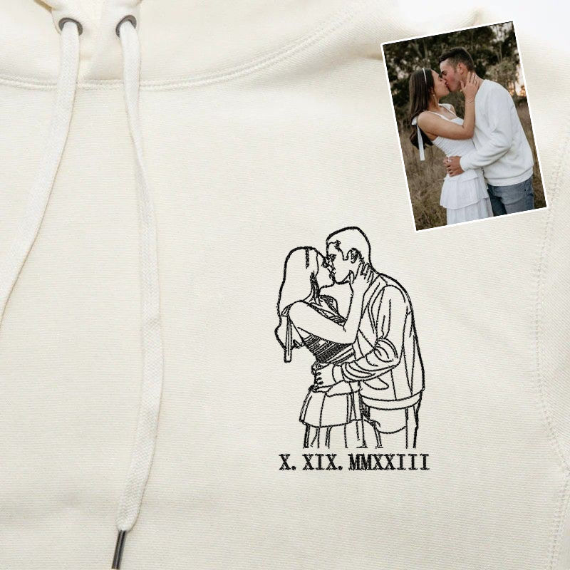 Personalized Hoodie Custom Embroidered Couple Photo Contour Line and Date Perfect for Lovers' Anniversary
