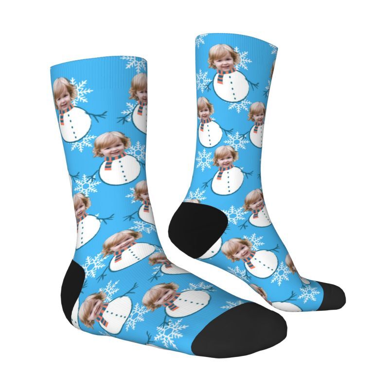 Custom Face Socks with Funny Snowman Pattern Add Kids Photo Christmas Gift for Parents