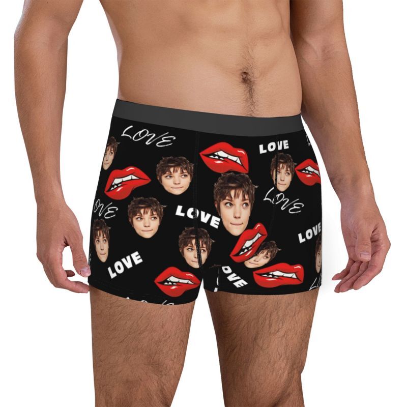 Personalized Photo Men's Underwear Boxer Briefs with Red Mouth Pattern Cool Gift for Boy Friend