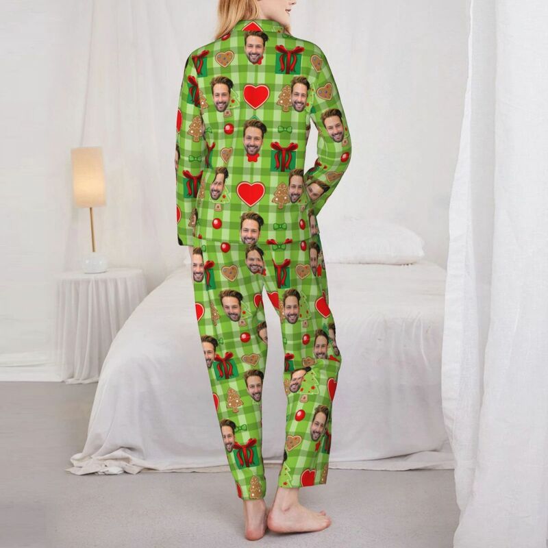 Personalized Pajamas Custom Photo Christmas Element Icons Green Style Pattern Design Gift for Family