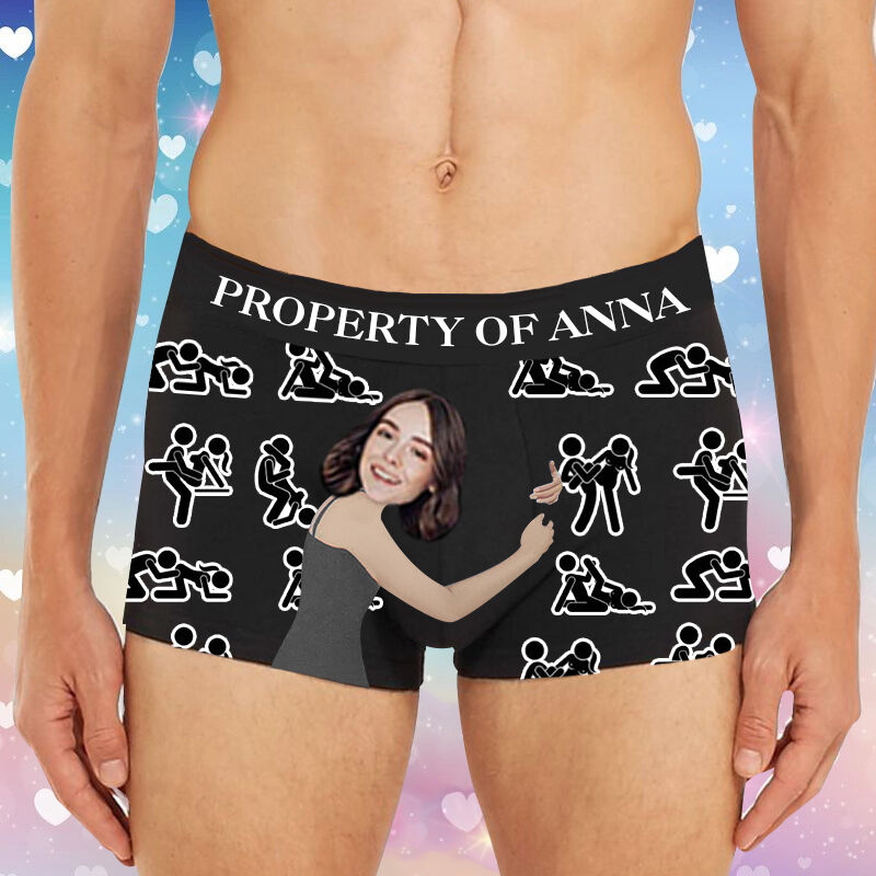 Personalized Picture And Name Men's Underwear Boxer Briefs with Girl's Hug Pattern Creative Gift for Boyfriend