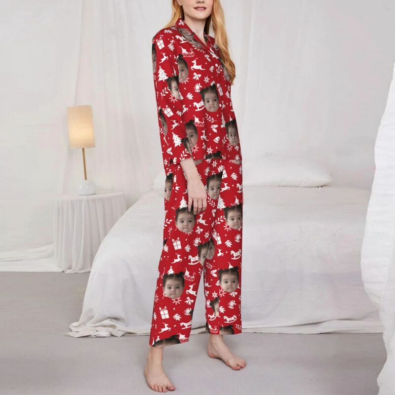 Personalized Pajamas Custom Photo Christmas Icons Festive Vibe Pattern Design Perfect Gift for Her