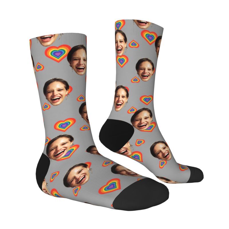 Customized Face Socks with Rainbow Hearts Valentine's Day Gifts for Couples