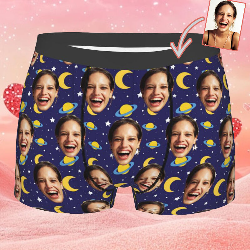 Personalized Photo Men's Underwear Boxer Briefs with Moon Pattern Best Gift for Boy Friend