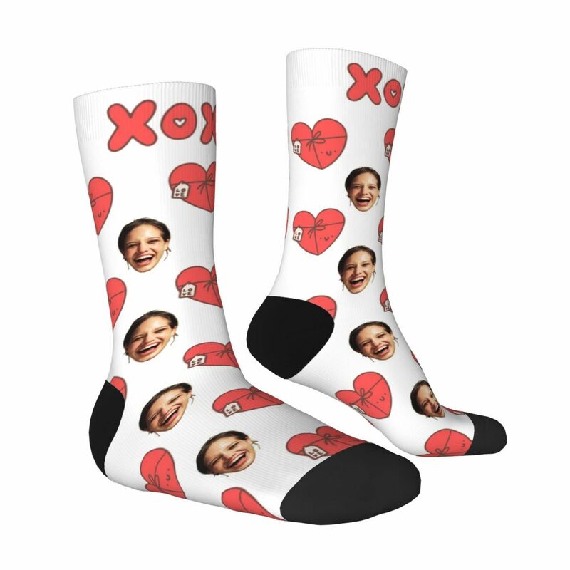 Personalized Face Socks with Heart Gift Box Pattern as a Gift for Wife