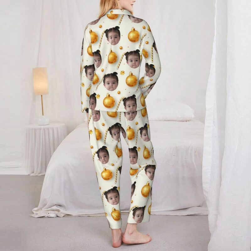 Personalized Pajamas Custom Kid Photo Christmas Bell Candy Golden Style Pattern Design Gift for Her