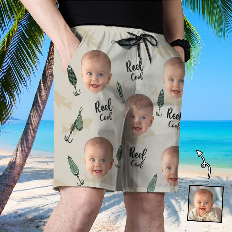 Personalized Picture Men's Beach Shorts with Fishhook Pattern Interesting Gift for Father's Day