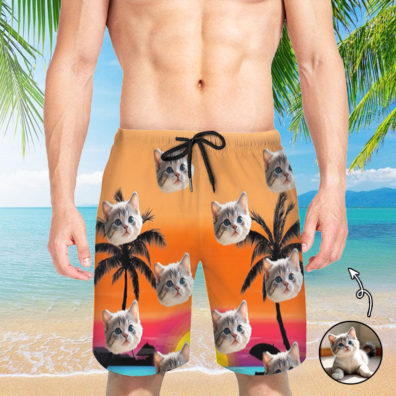 Personalized Picture Men's Beach Shorts with Seaside Sunset Pattern Minimalist Gift for Friends