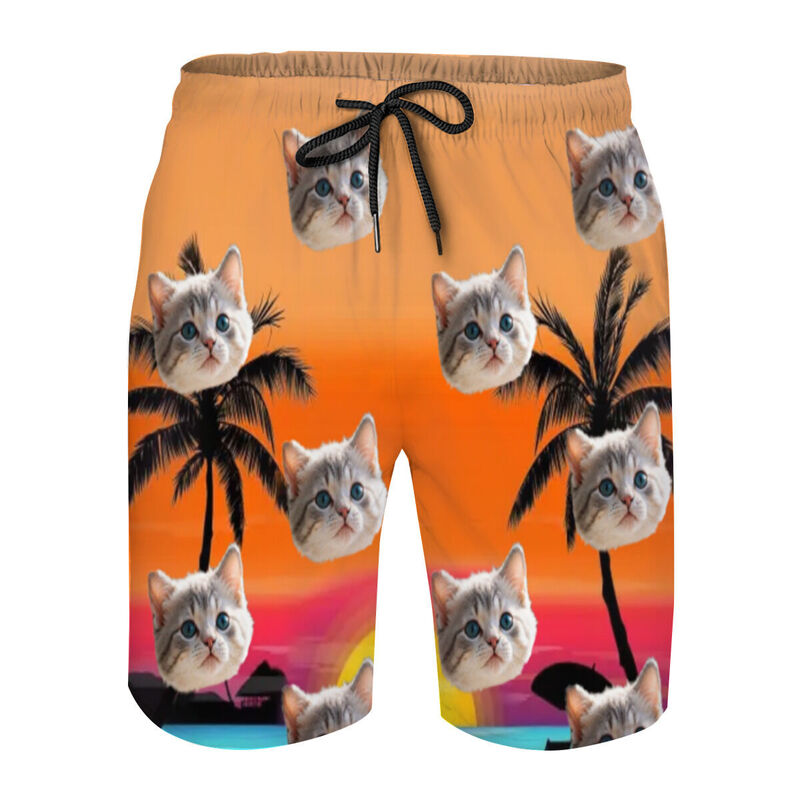 Personalized Picture Men's Beach Shorts with Seaside Sunset Pattern Minimalist Gift for Friends