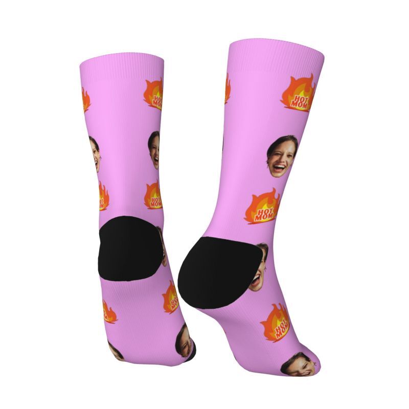 Personalized Face Socks Printed with "Hot Mom" Text