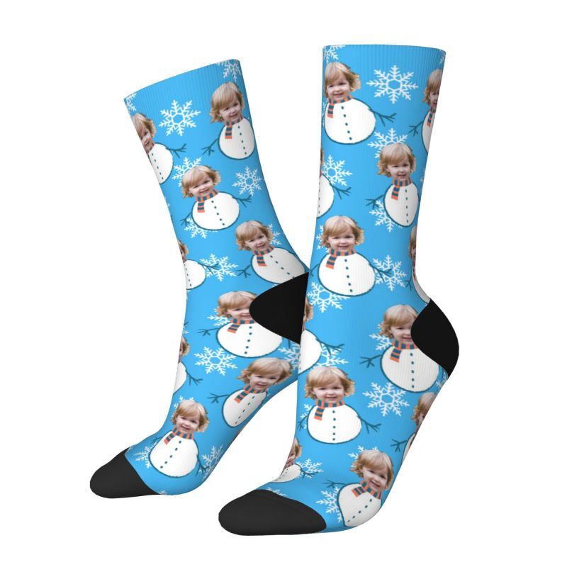 Custom Face Socks with Funny Snowman Pattern Add Kids Photo Christmas Gift for Parents