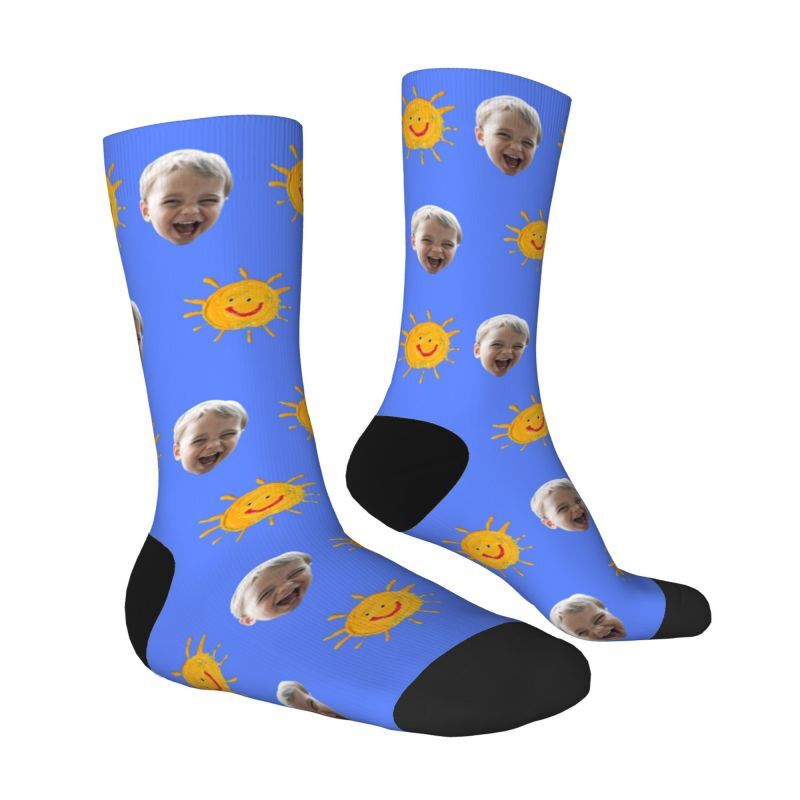 Personalized Face Socks with Hand-Painted Sun Pattern Add Baby Photo for New Parents Gift