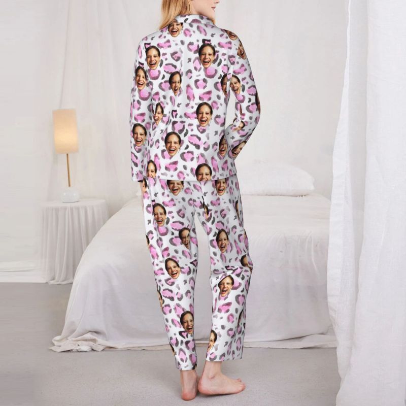 Personalized Pajamas Custom Photo Pinkish Purple Leopard Print Design Exquisite Gift for Her