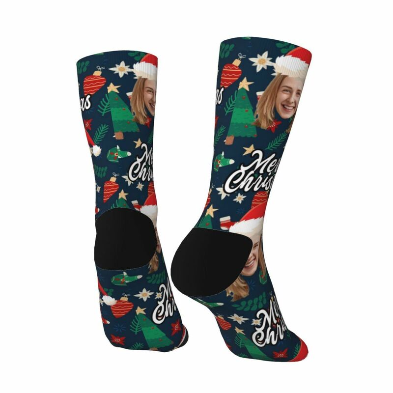 Personalized Face Socks with Santa Hat and Decorative Pattern for Christmas