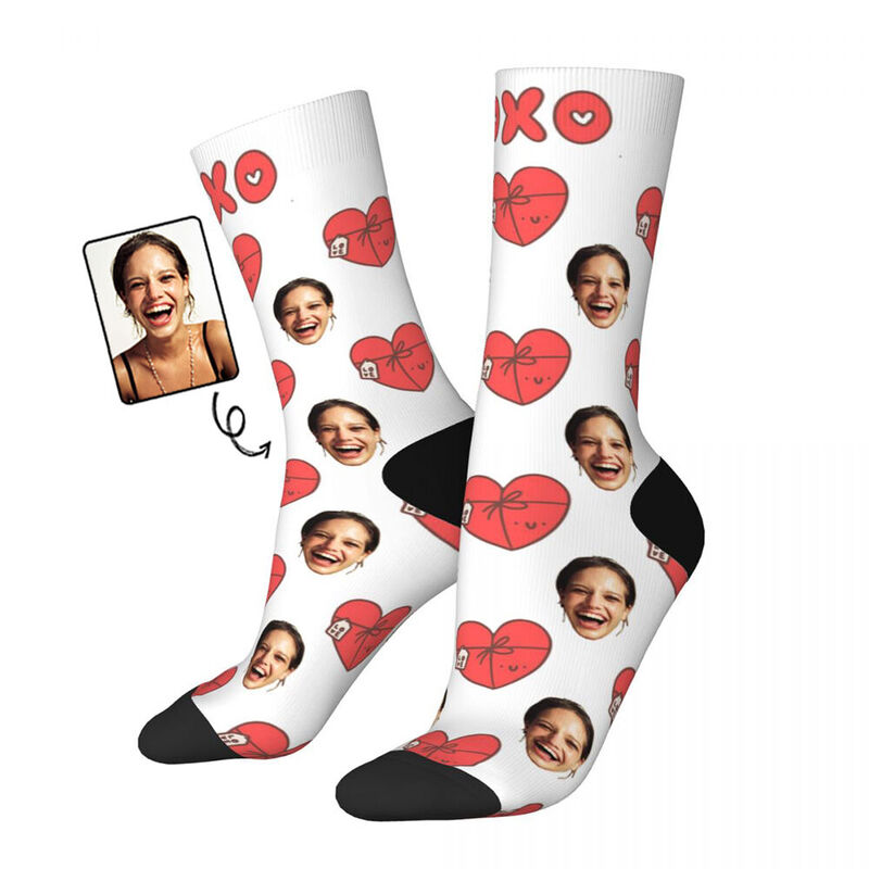 Personalized Face Socks with Heart Gift Box Pattern as a Gift for Wife