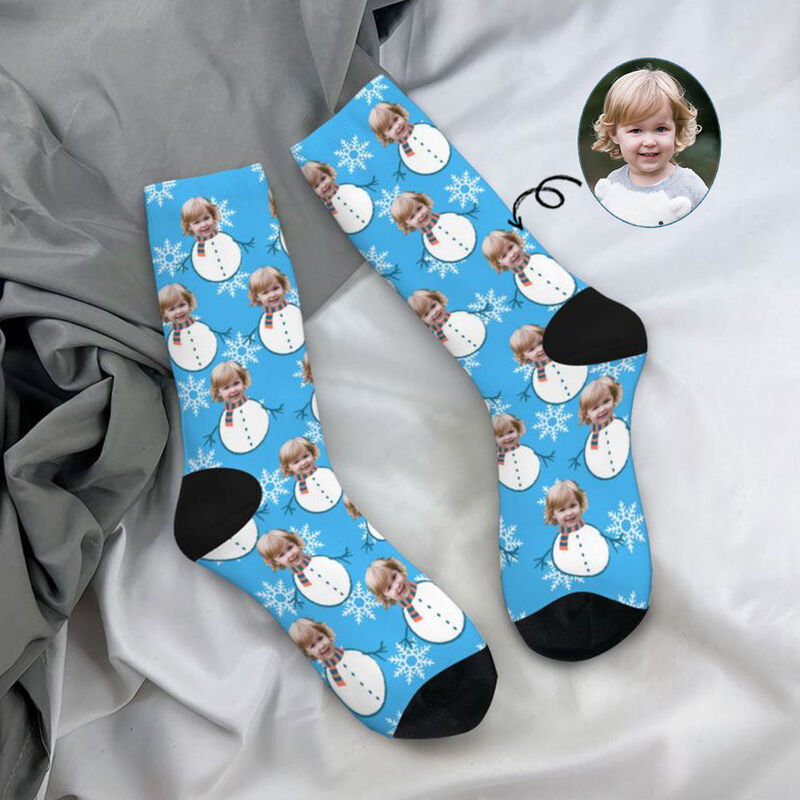 Custom Face Socks with Funny Snowman Pattern Add Kids Photo Christmas Gift for Parents