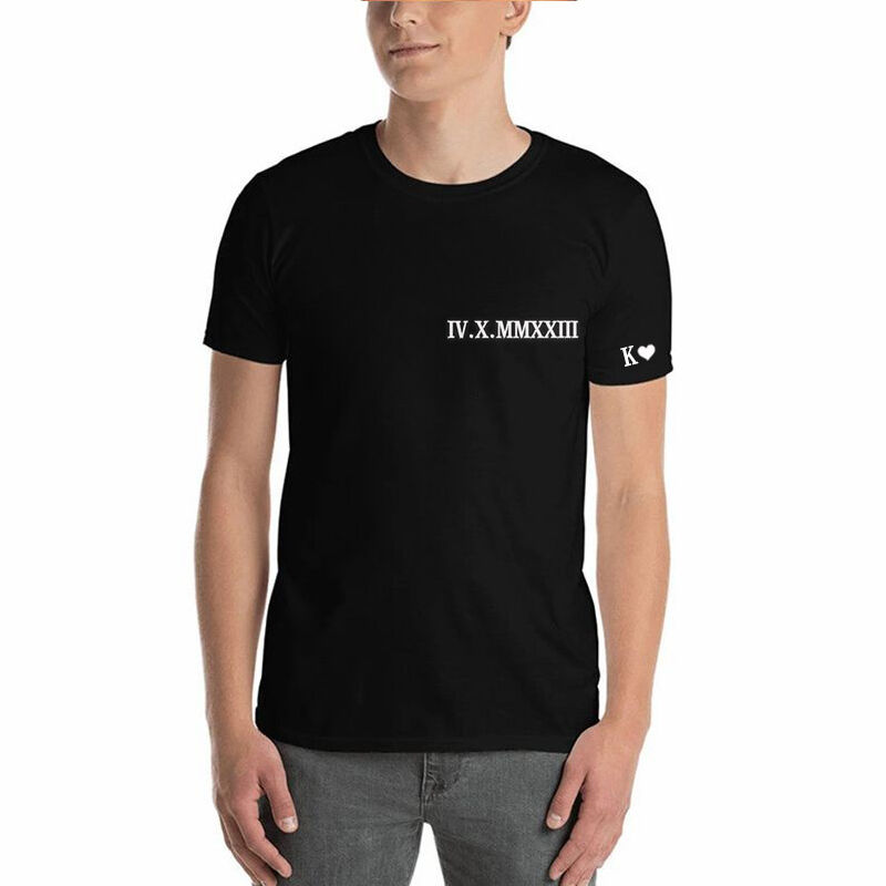 Personalized T-shirt Embroidered Lateral Roman Numeral Date and Initial Great Gift for Anniversary