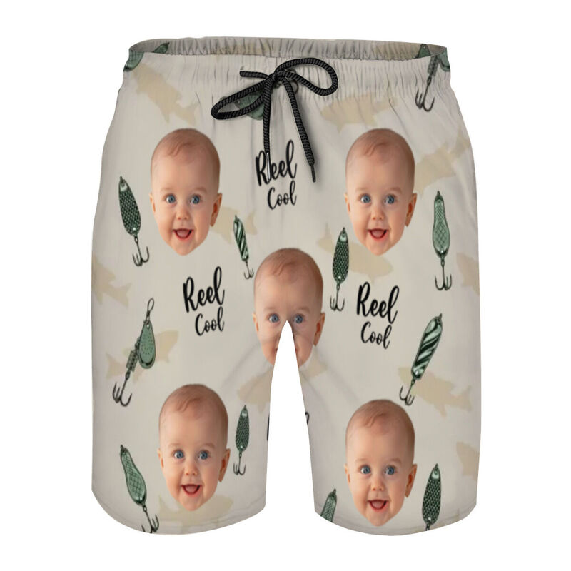 Personalized Picture Men's Beach Shorts with Fishhook Pattern Interesting Gift for Father's Day