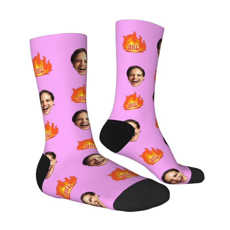 Personalized Face Socks Printed with "Hot Mom" Text