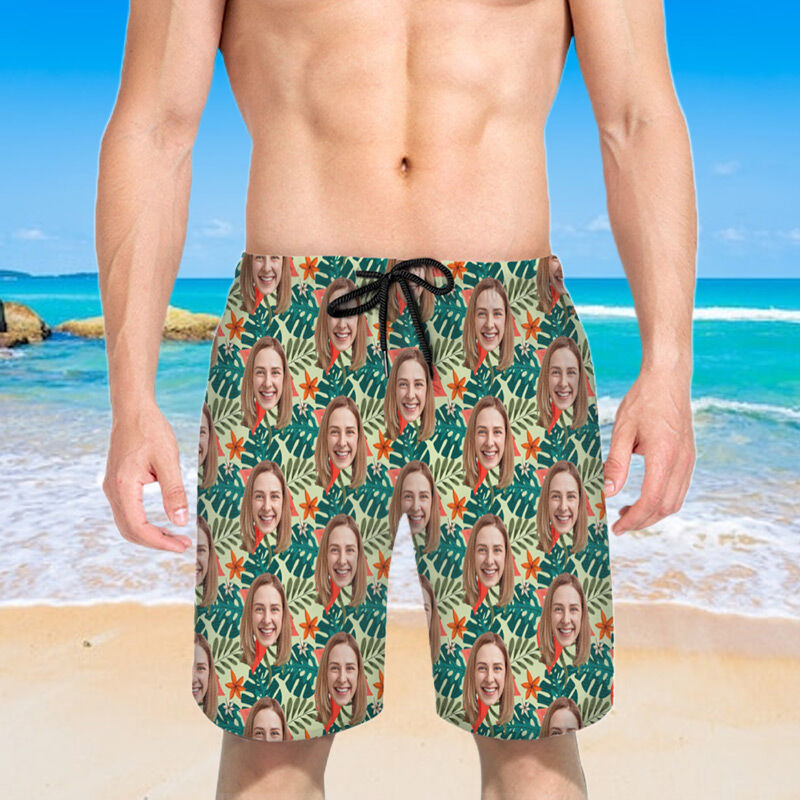 Personalized Picture Men's Beach Shorts with Leaves Pattern Simple Present for Family