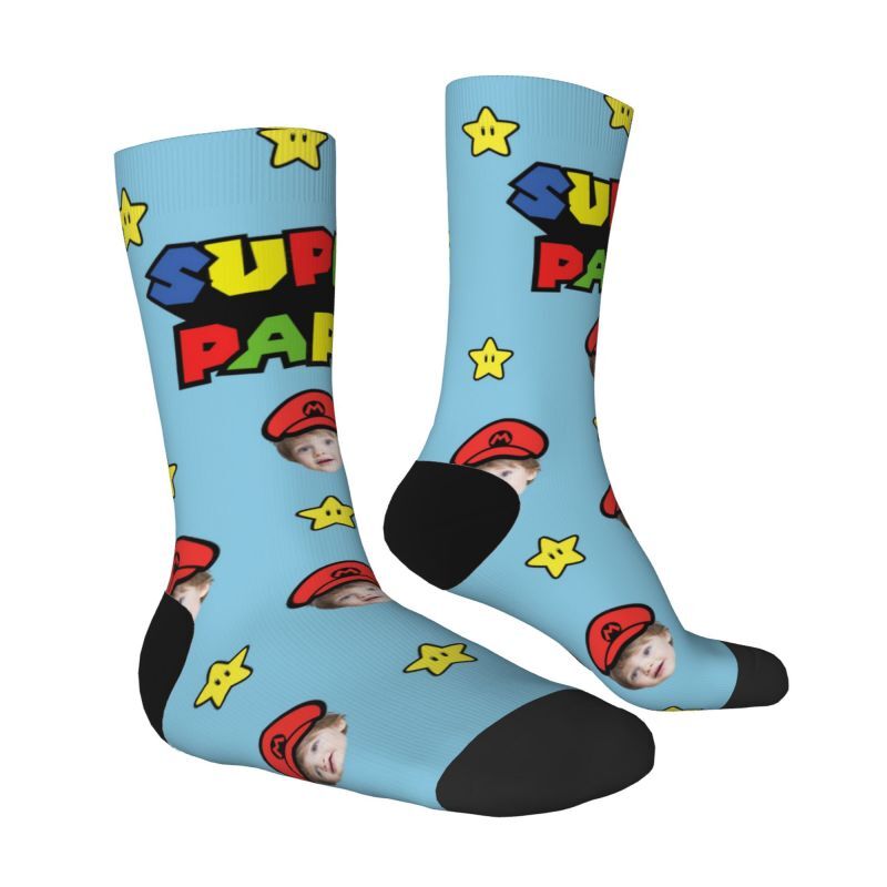 "SUPER PAPA" Funny Face Socks Can Be Added with Baby Photos